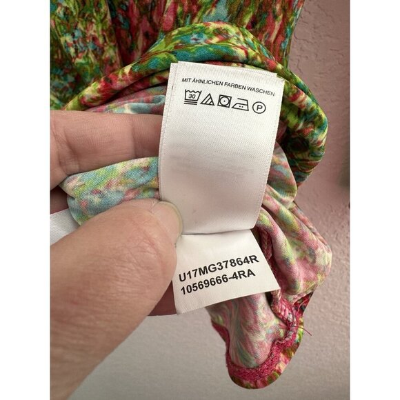 Anne Klein Womens Faux Wrap Blouse L Multicolor 3/4 Sleeve Abstract Peacock Work - Picture 7 of 15